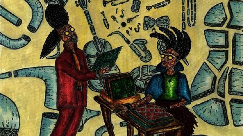 Illustration des The FreakOuternational Vinyl Market: eine PoC-Frau sitzt an einem Stand und verkauft Vinyls, während eine andere PoC_Person ein Vinyl betrachtet. Im Hintergrund findet sich eine abtrakte Darstellung verschiedener Instrumente.