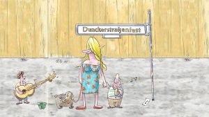 Dunckerstraßenfest-Illustration: Eine Frau mit Hund passiert ein Straßenschild mit der Aufschrift Dunckerstraßenfest. Ein Straßenmusiker spielt Gitarre, während ein trinkender Mann vor sich hinsummt.