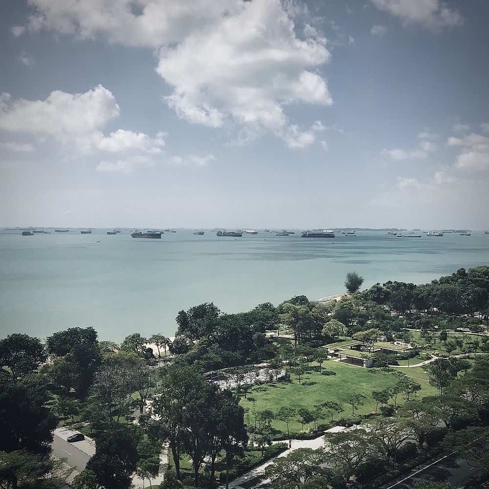 Landschaftsbild von Singapur mit Blick auf Meer und Schiffe am Horizont bei blauem Himmel